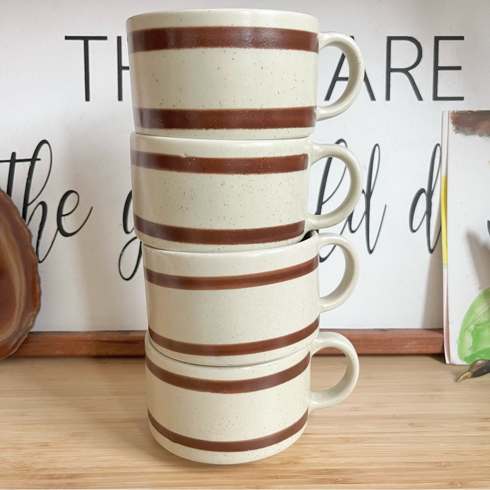 Vintage Rustic Cream and Brown Stoneware Mug or Soup Set Made in Korea Set of 4